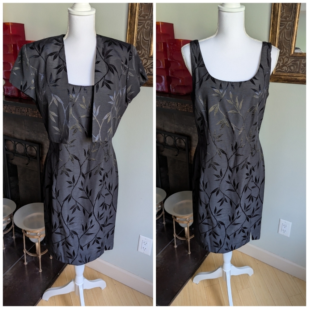 90s Women's 10 Two-Piece Black Vine Print Brocade Dress & Jacket Wimsigoth 177